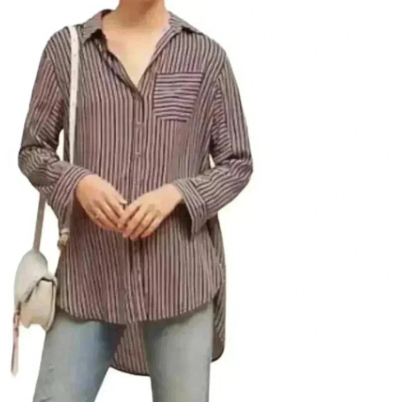 Maeve Anthropologie Adelaide Navy Blue Red Striped Poplin Button Up Shirt Small - Picture 1 of 16